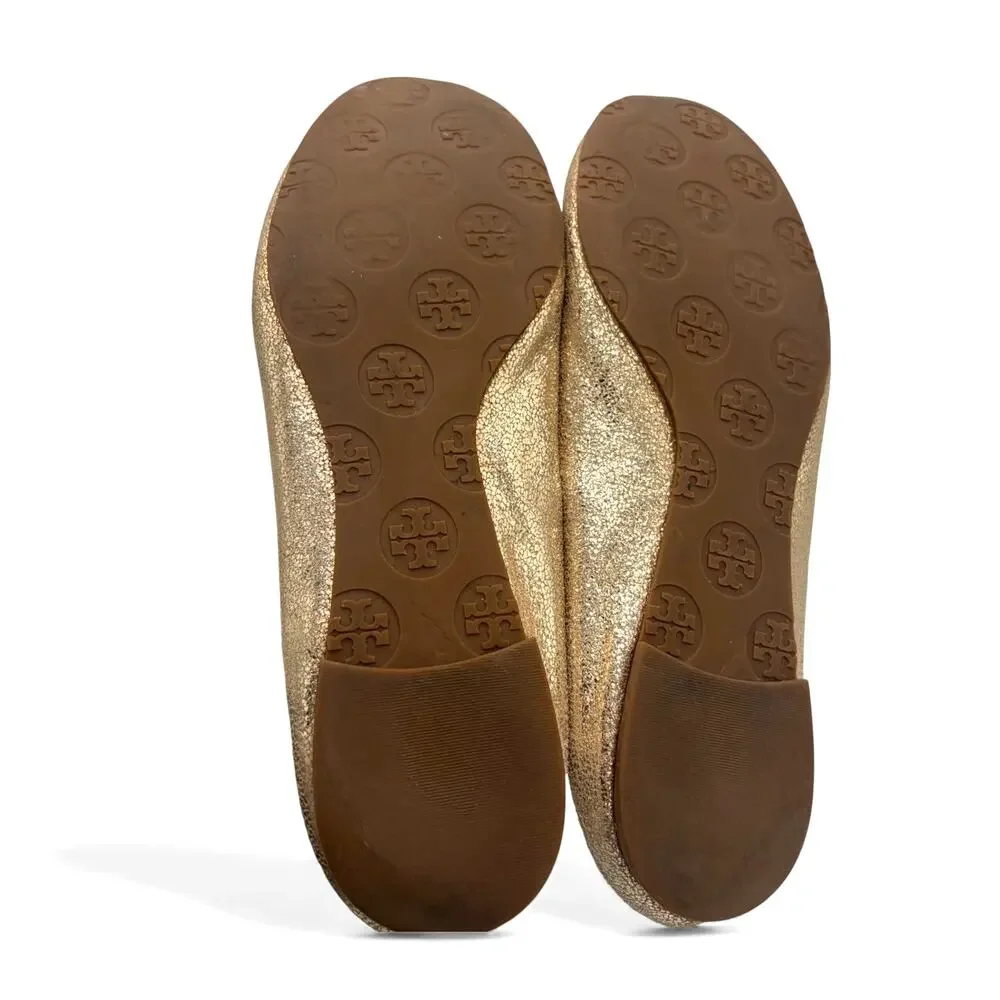 Tory Burch Minnie Travel‎ Metallic Gold Sz 7 Shimmer Medallion Flats w/ COA